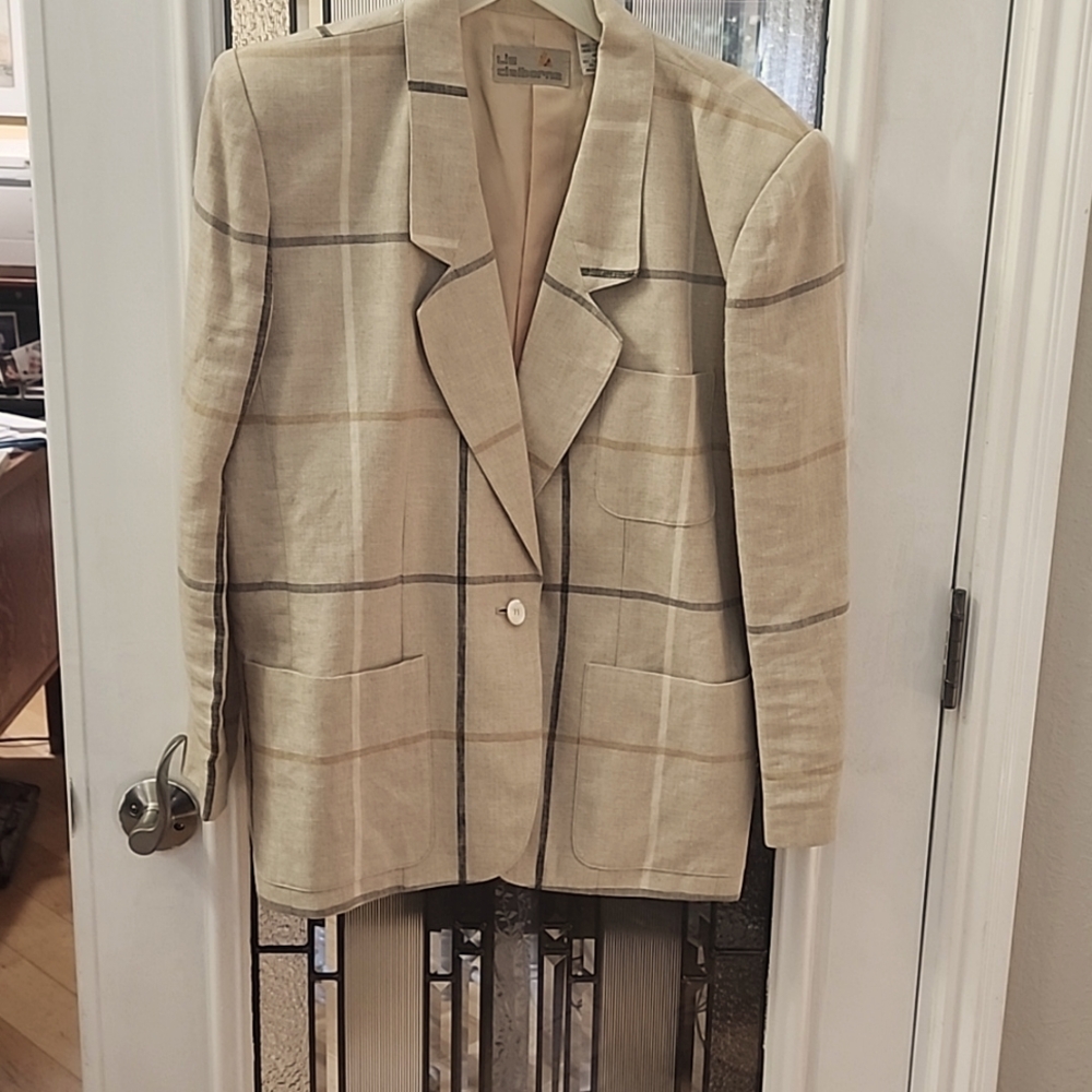 Vintage Beige large gold, black and white checkered linen jacket.